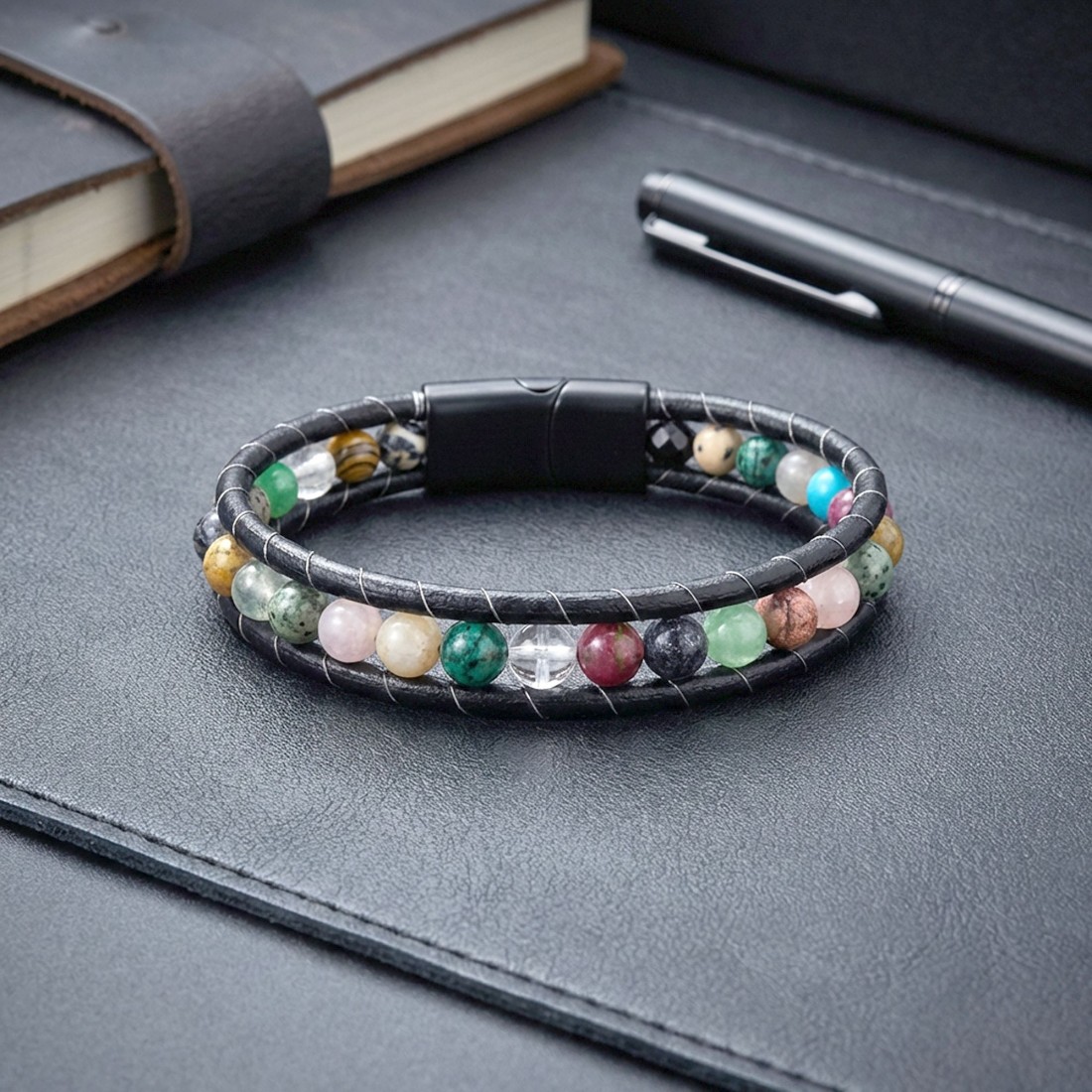 6Mm Çakra Akik Taşlı Deri Kordon Ve Çelik Bileklik