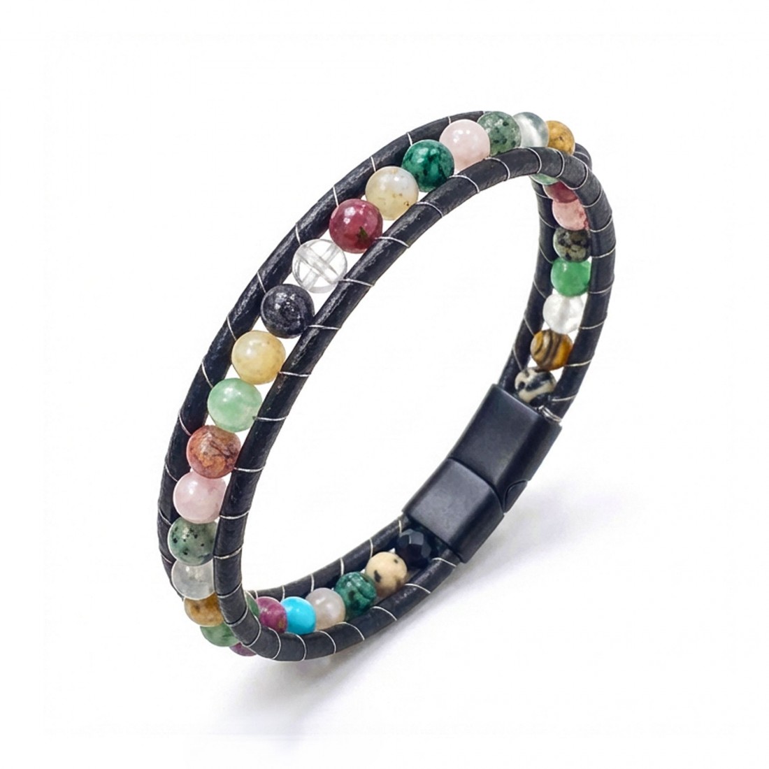 6Mm Çakra Akik Taşlı Deri Kordon Ve Çelik Bileklik