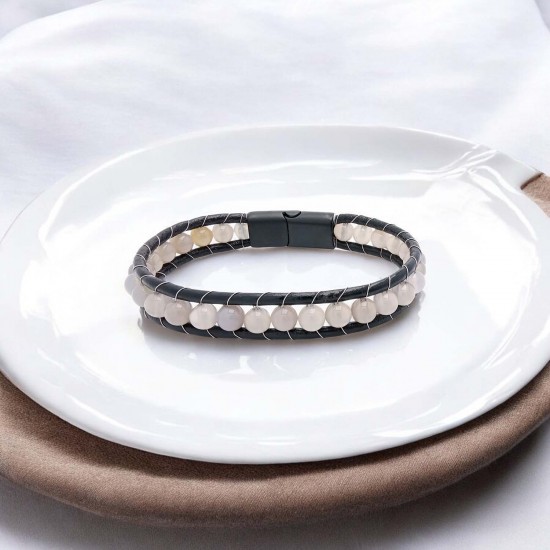 Smoky Quartz Stone, Leather Cord and Steel Lock Bracelet Smoky Quartz Stone, Leather Cord and Steel Lock Bracelet