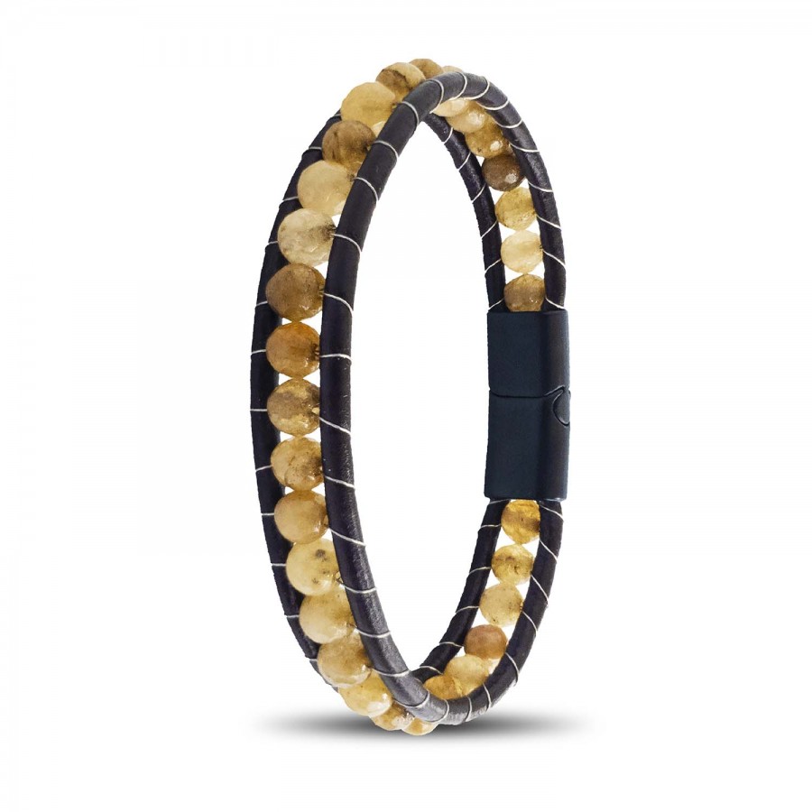 6Mm Faset Kahve Akik Taşlı Deri Kordon Ve Çelik Bileklik