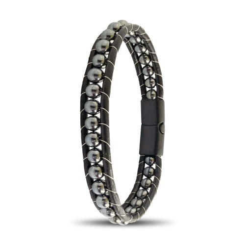 6mm Hematit Taşlı Deri Kordon Ve Çelik Bileklik