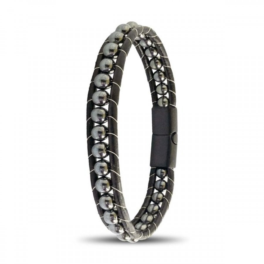 6mm Hematit Taşlı Deri Kordon Ve Çelik Bileklik