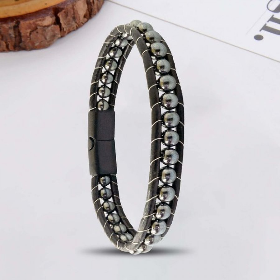 6mm Hematit Taşlı Deri Kordon Ve Çelik Bileklik