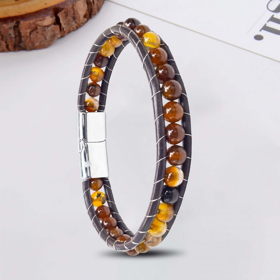 6Mm Kahve Akik Taşlı Deri Kordon Ve Çelik Bileklik