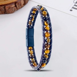 Wholesale Tiger Eye Natural Stone Leather and Steel Bracelets