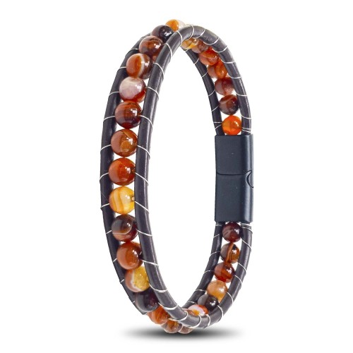 6mm Kırmızı Akik Taşlı Deri Kordon Ve Çelik Bileklik