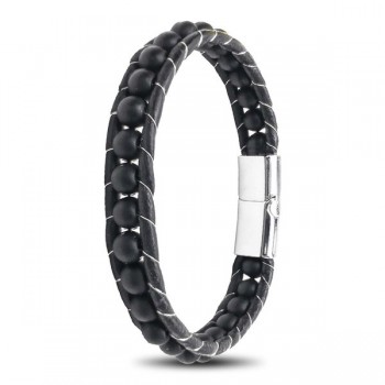 6mm Mat Oniks Taşlı Deri Kordon Ve Çelik Bileklik