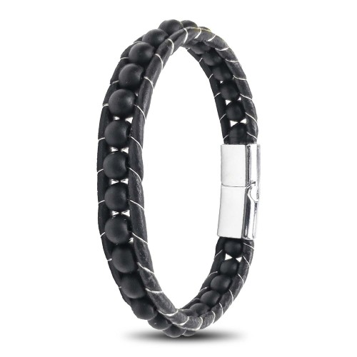 6mm Mat Oniks Taşlı Deri Kordon Ve Çelik Bileklik