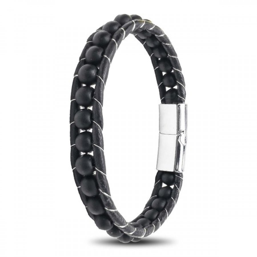 6mm Mat Oniks Taşlı Deri Kordon Ve Çelik Bileklik