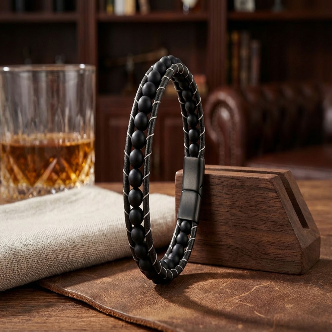 6mm Mat Oniks Taşlı Deri Kordon Ve Çelik Bileklik