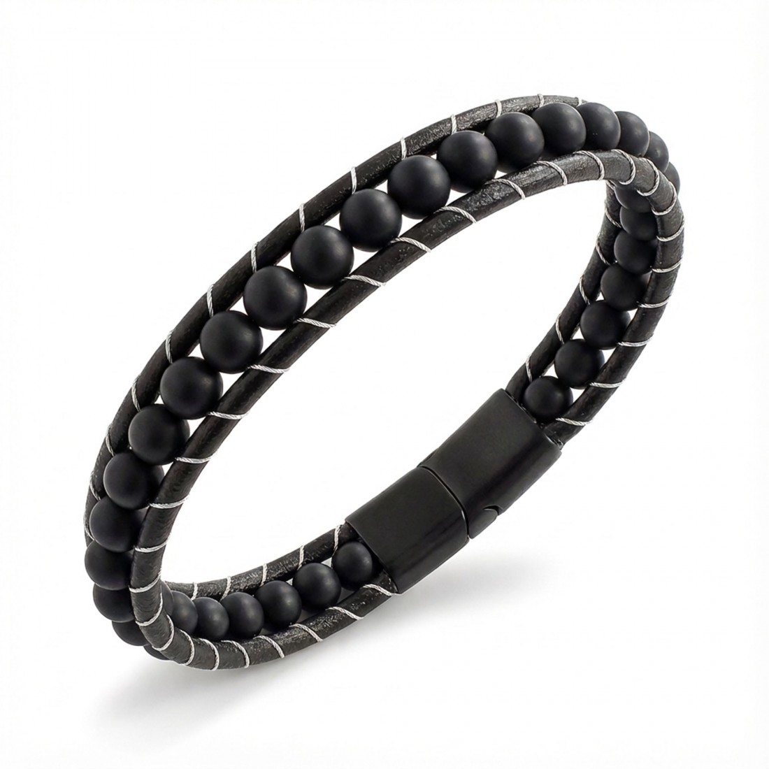 6mm Mat Oniks Taşlı Deri Kordon Ve Çelik Bileklik