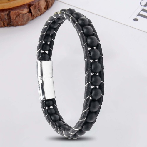 6mm Mat Oniks Taşlı Deri Kordon Ve Çelik Bileklik