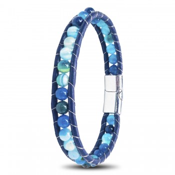 6Mm Mavi Damarlı Akik Taşlı Deri Kordon Ve Çelik Bileklik