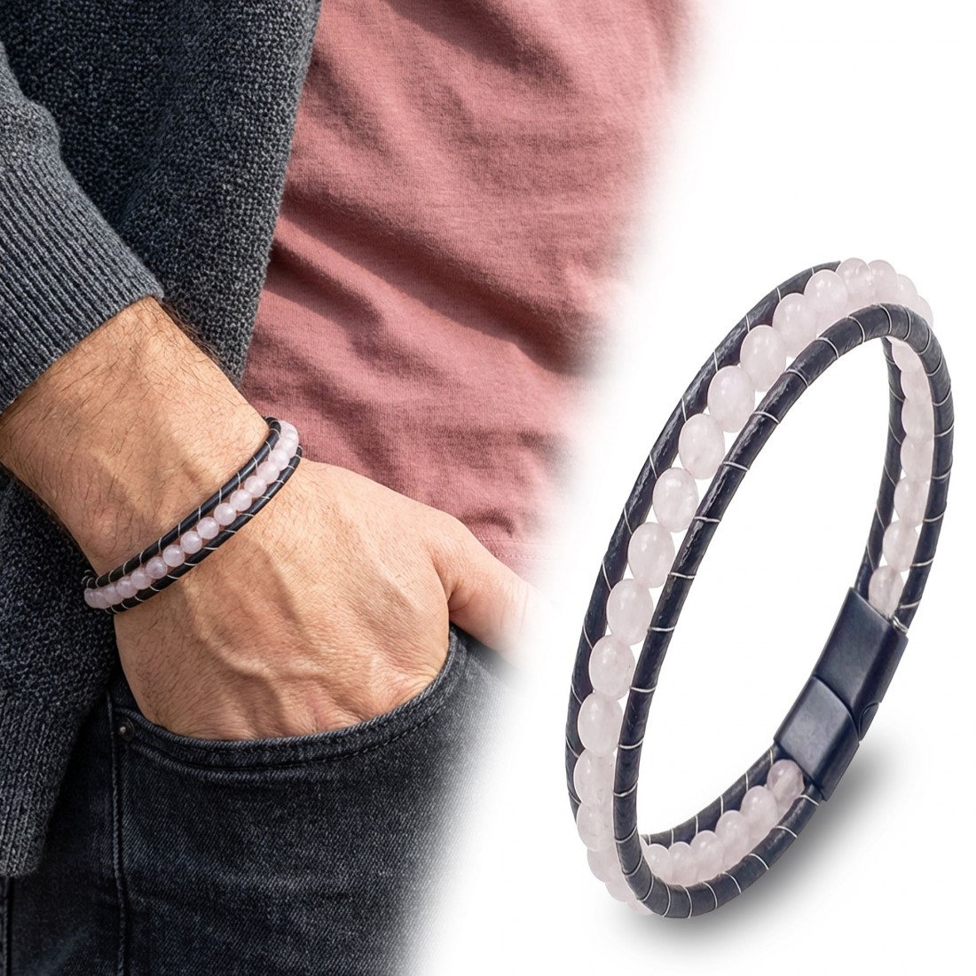 6Mm Dumanlı Kuvars Deri Kordon Ve Çelik Bileklik