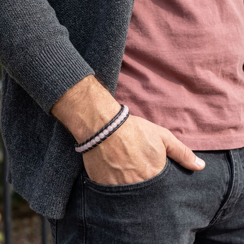 6mm Pembe Kuvars Deri Kordon Bileklik