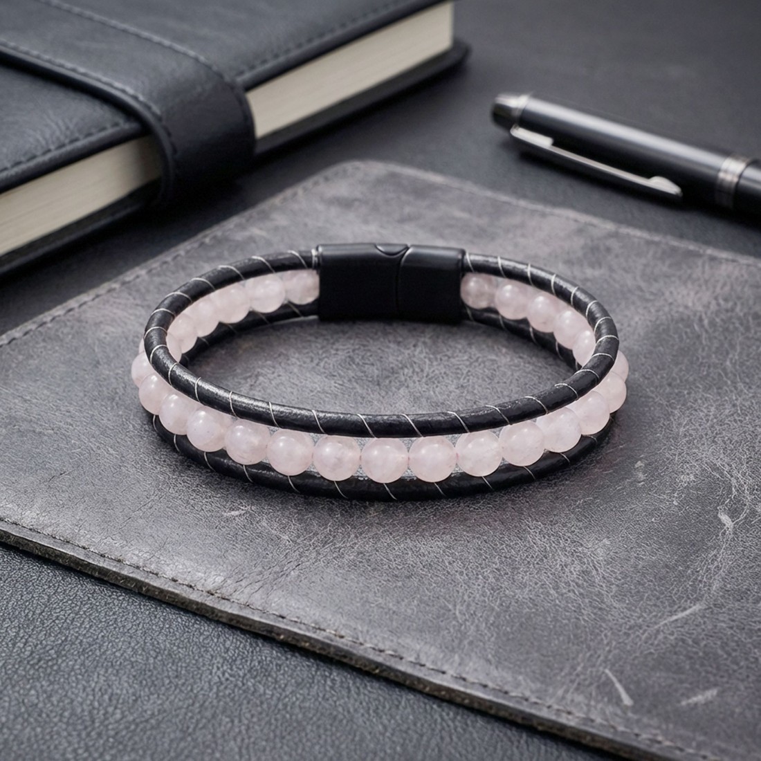 6Mm Dumanlı Kuvars Deri Kordon Ve Çelik Bileklik