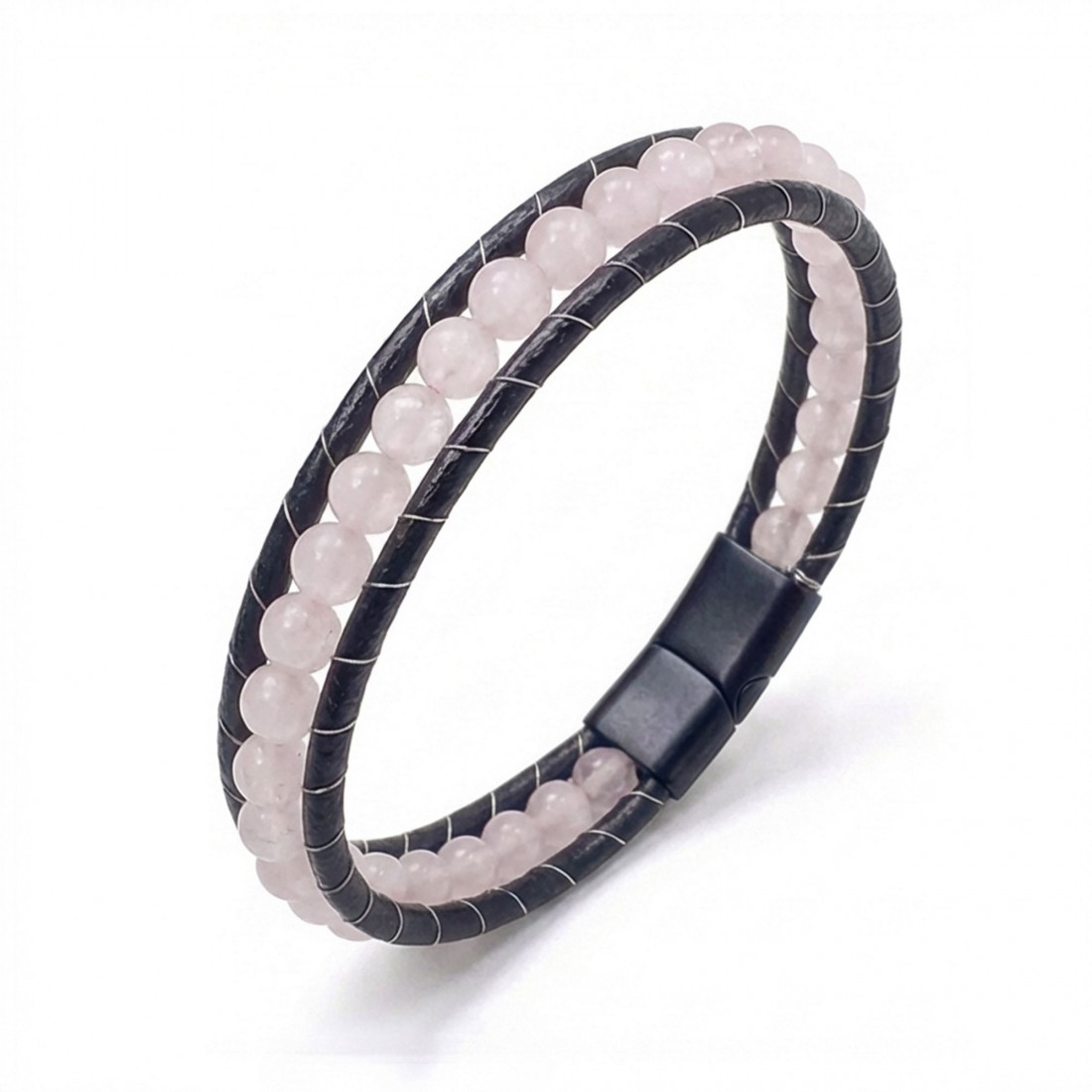 6Mm Dumanlı Kuvars Deri Kordon Ve Çelik Bileklik