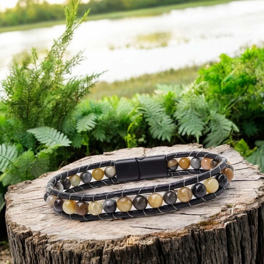 6Mm Yemen Akik Deri Kordon Ve Çelik Bileklik