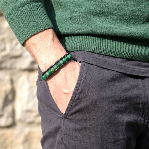 6mm Yeşil Akik Taşlı Deri Kordon Ve Çelik Bileklik