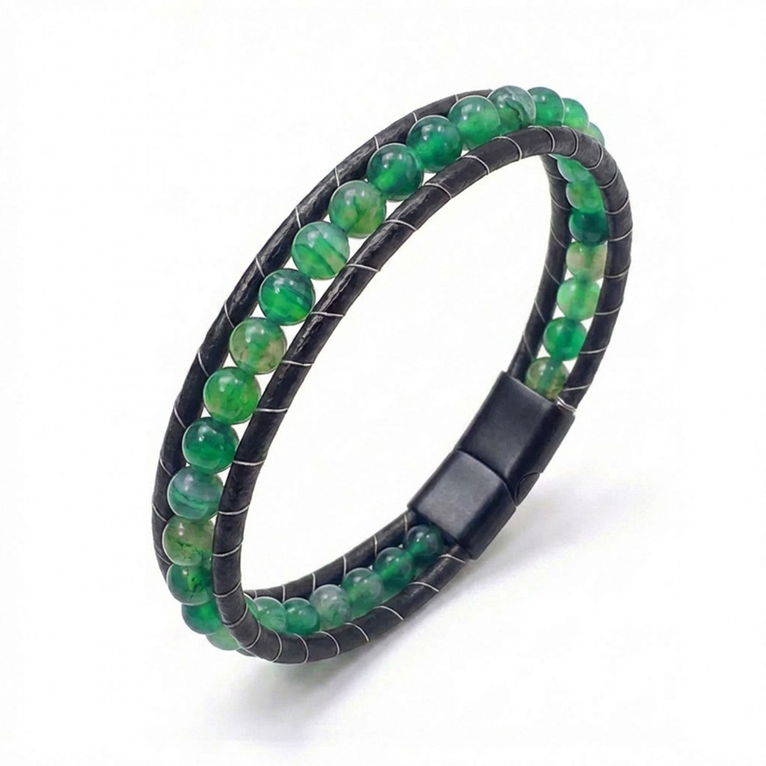 6mm Yeşil Akik Taşlı Deri Kordon Ve Çelik Bileklik