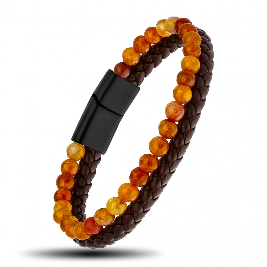 Faset Kahve Akik Doğaltaş Deri Erkek Bileklik