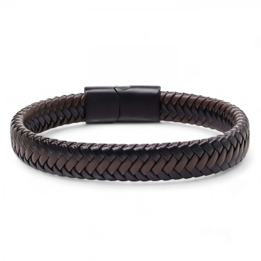 Kahve Deri Örgü Çelik Bileklik