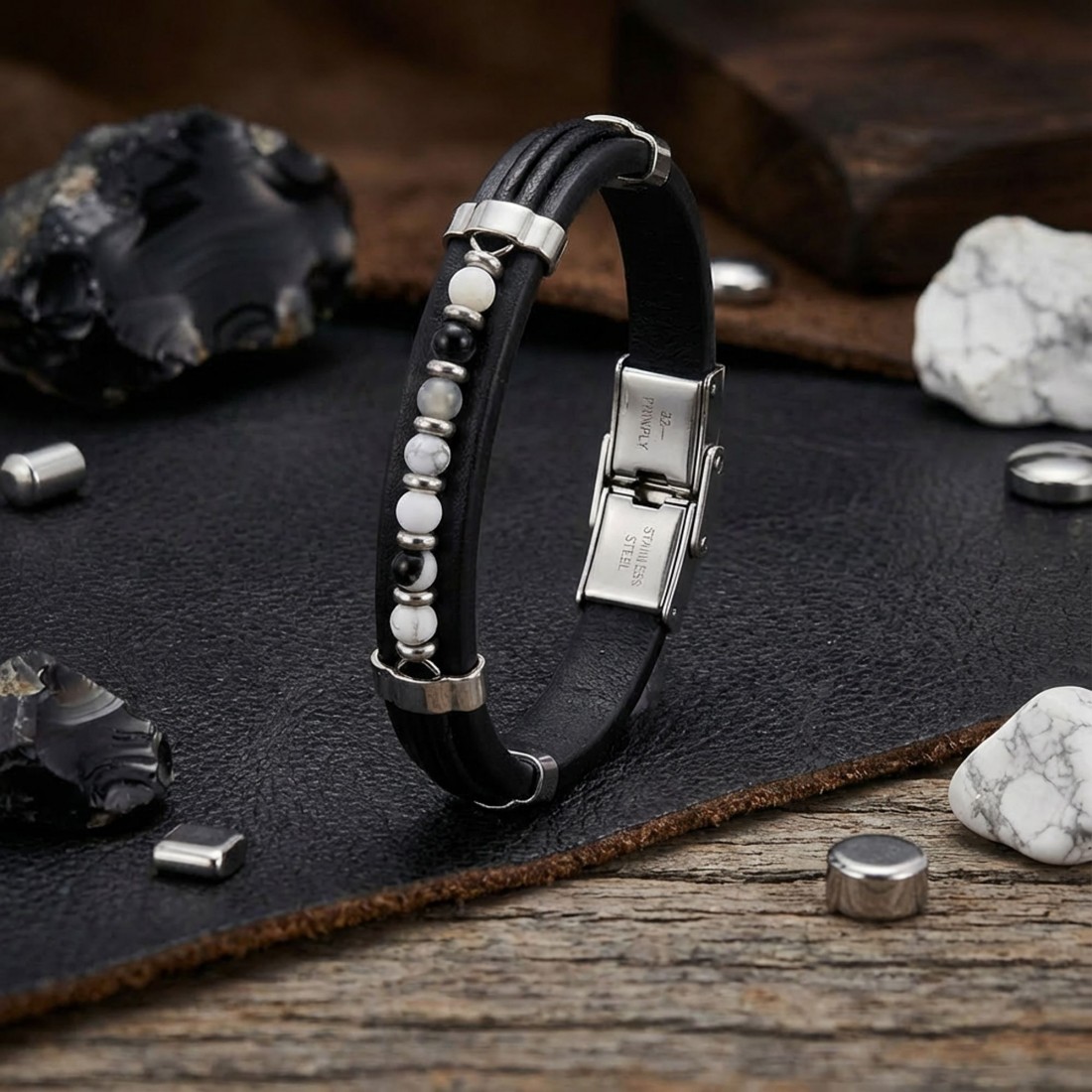 Akik Damarlı Taşlı Deri Bileklik