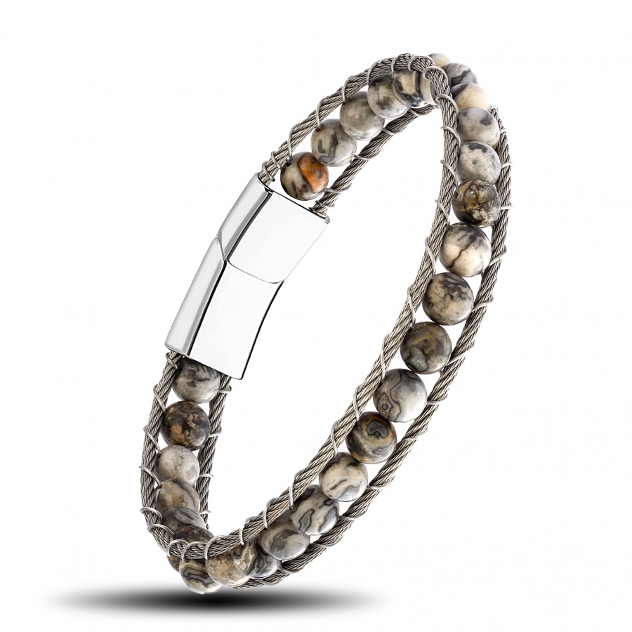 Akik Doğaltaş Ve Çelik Halat Örme Bileklik