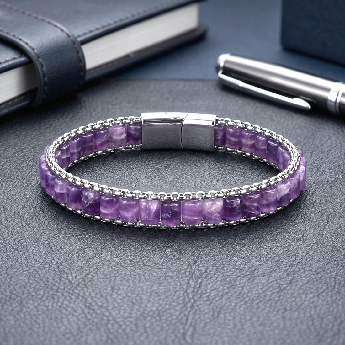 Ametist Doğal Taşlı Hasır Örgü Zincirli Erkek Çelik Bileklik