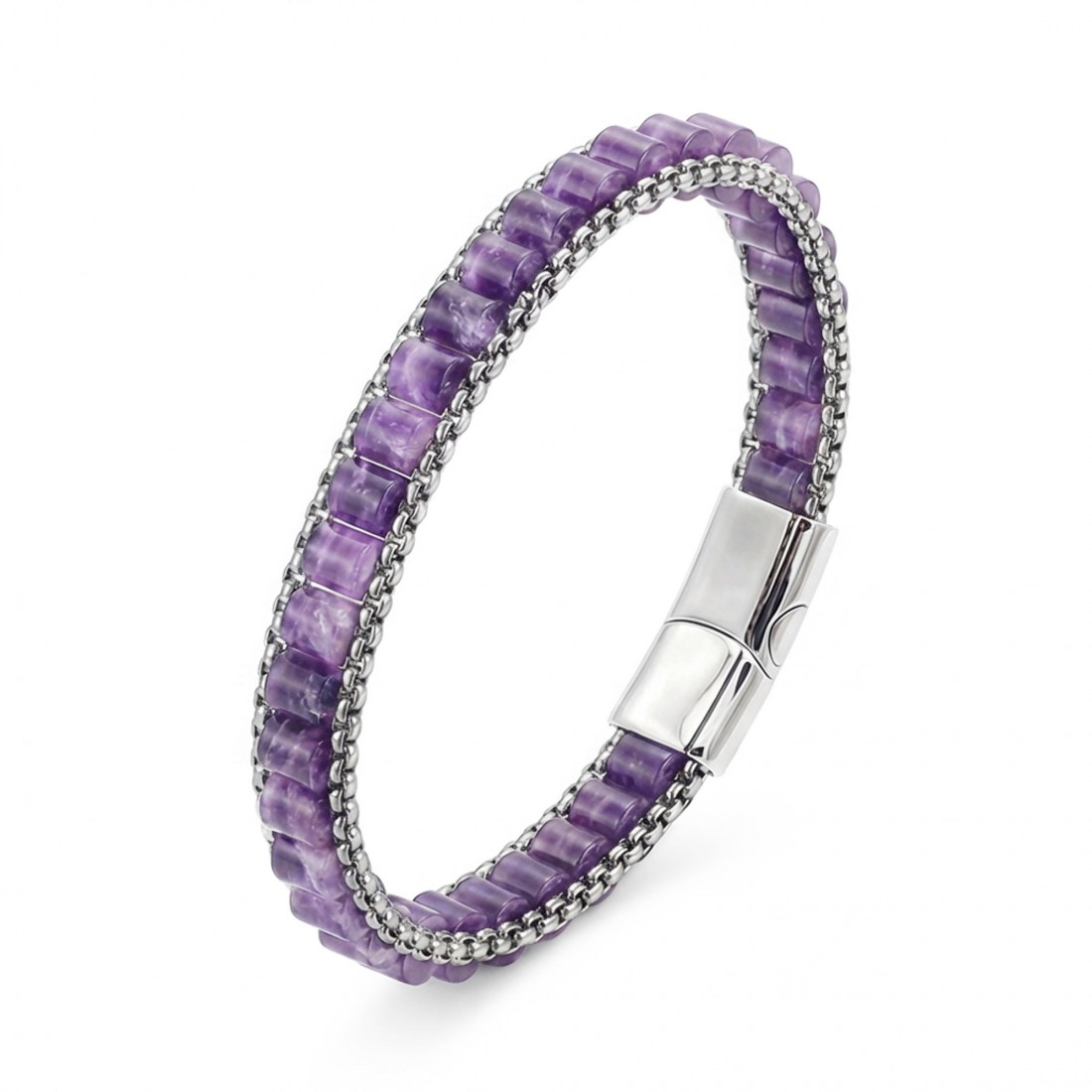 Ametist Doğal Taşlı Hasır Örgü Zincirli Erkek Çelik Bileklik