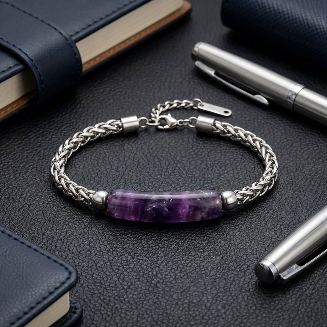 Ametist Doğal Taşlı Ve Ayarlanabilir Çelik Zincir Bileklik