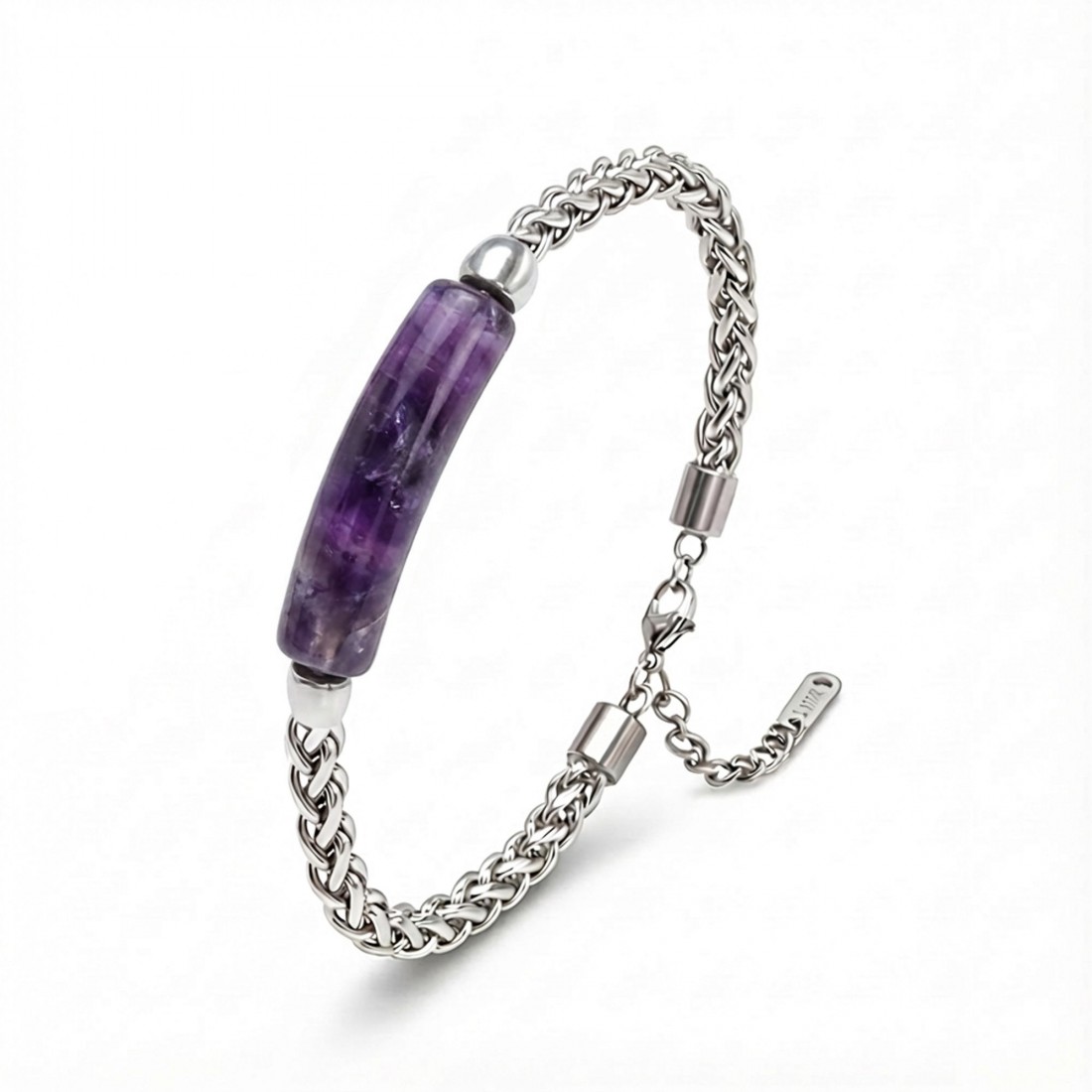 Ametist Doğal Taşlı Ve Ayarlanabilir Çelik Zincir Bileklik