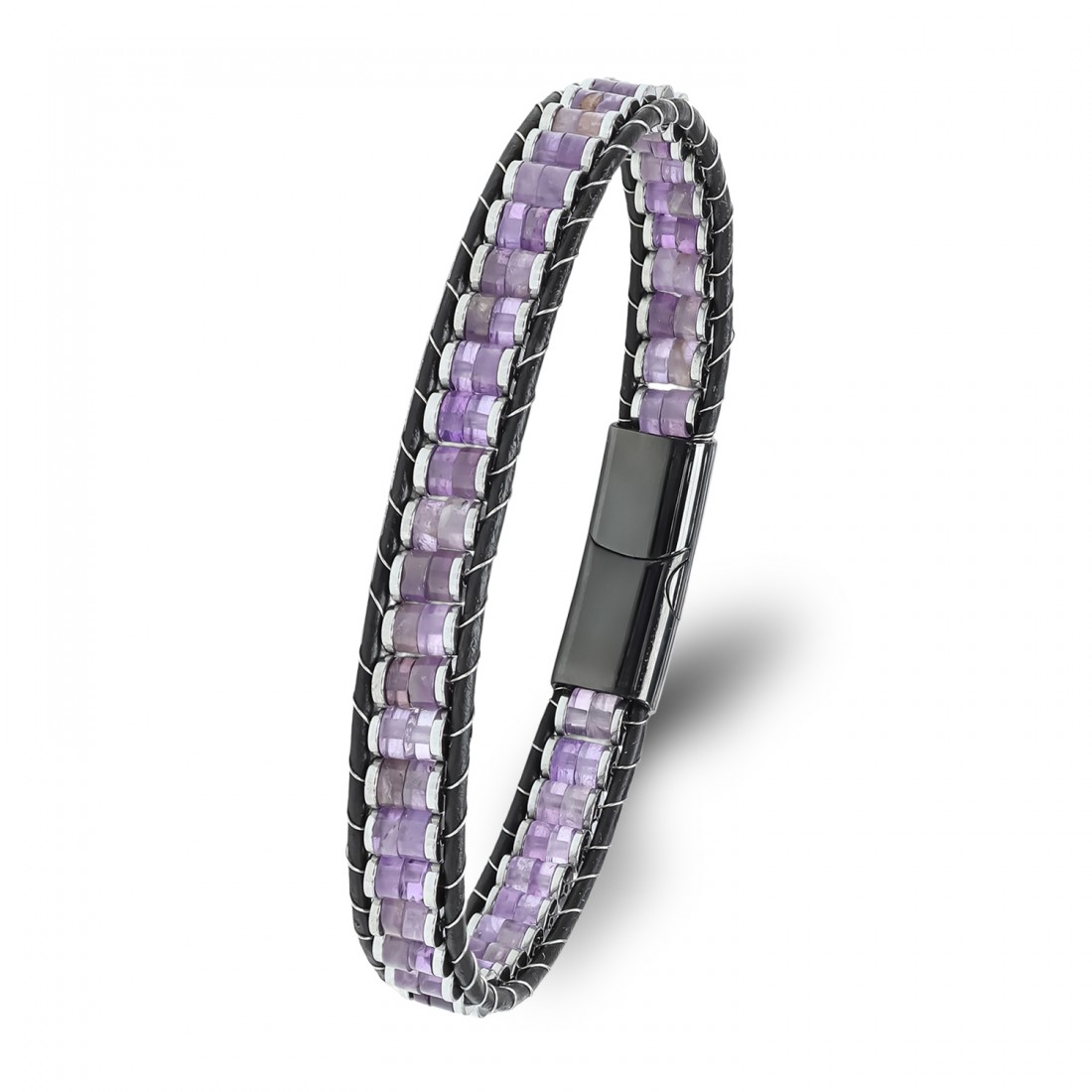 Ametist & Hematit Çelik Örgülü Deri Bileklik