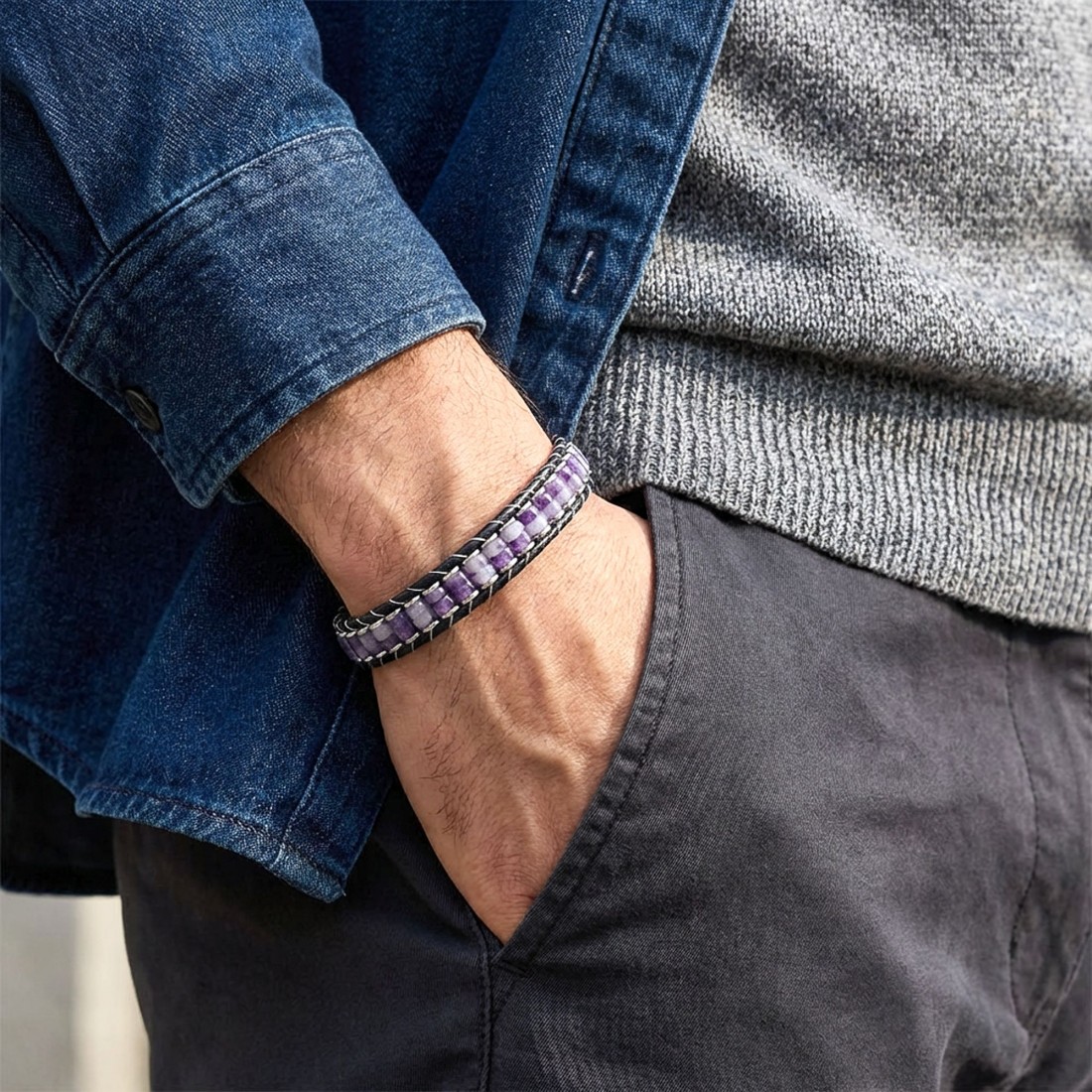 Ametist & Hematit Çelik Örgülü Deri Bileklik