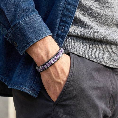 Ametist & Hematit Çelik Örgülü Deri Bileklik