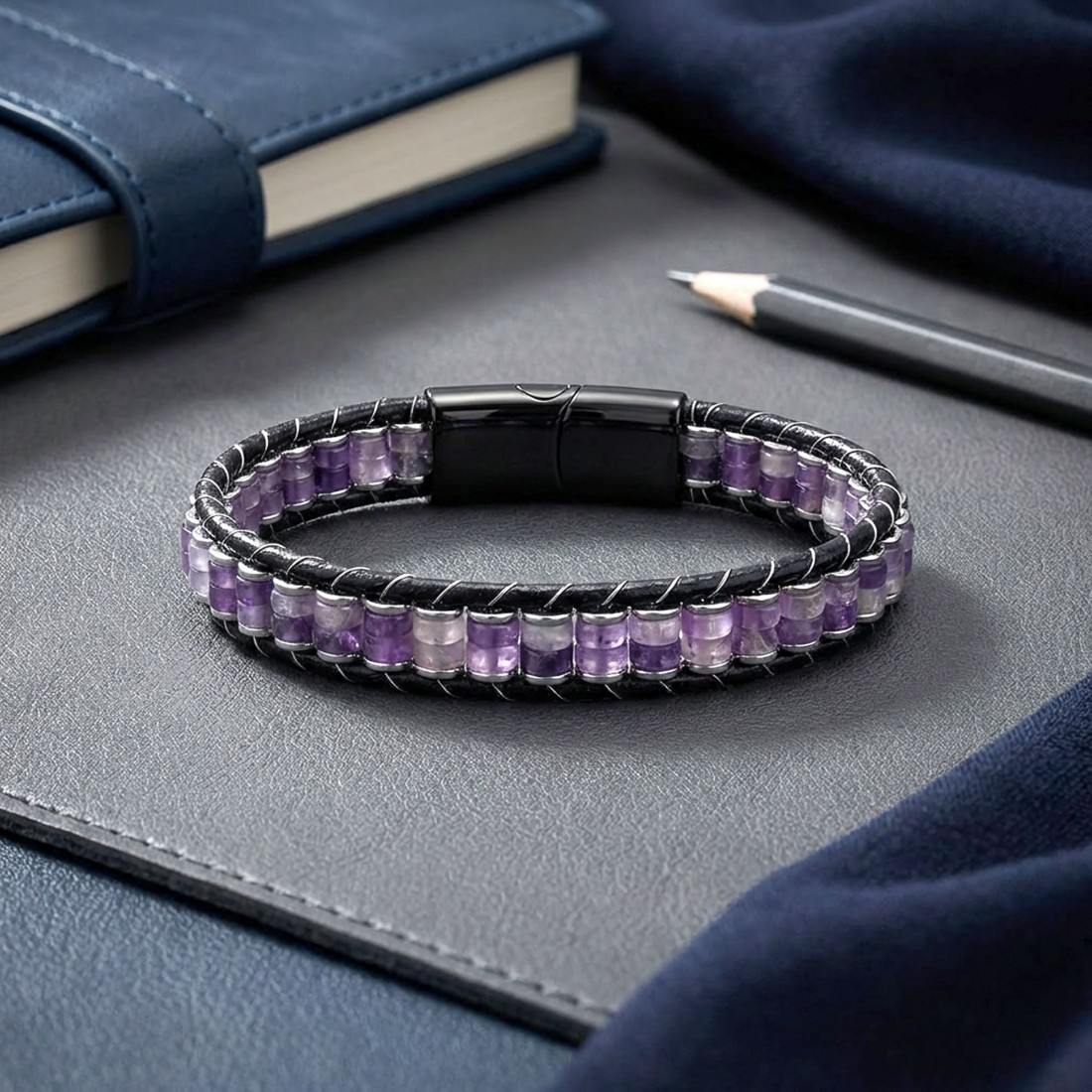 Ametist & Hematit Çelik Örgülü Deri Bileklik