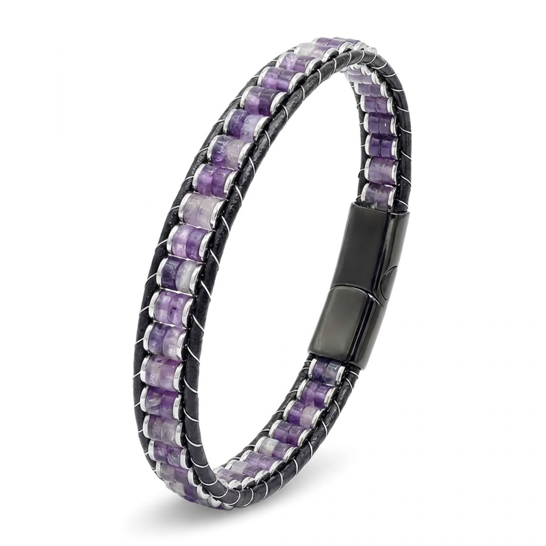 Ametist & Hematit Çelik Örgülü Deri Bileklik