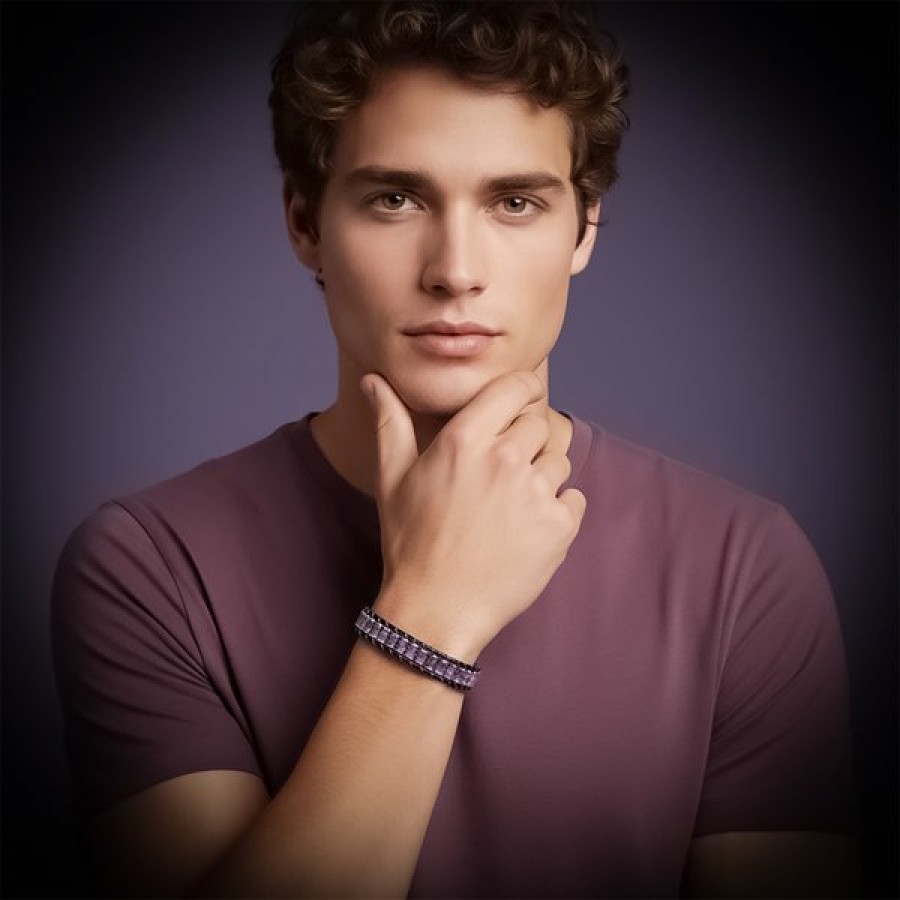 Ametist & Hematit Çelik Örgülü Deri Bileklik