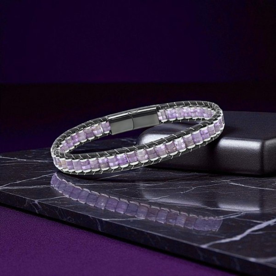 Ametist & Hematit Çelik Örgülü Deri Bileklik