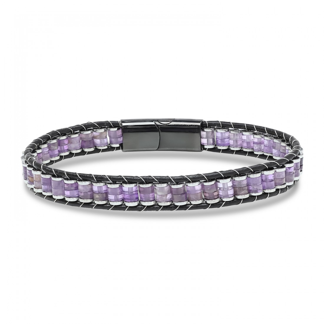 Ametist & Hematit Çelik Örgülü Deri Bileklik