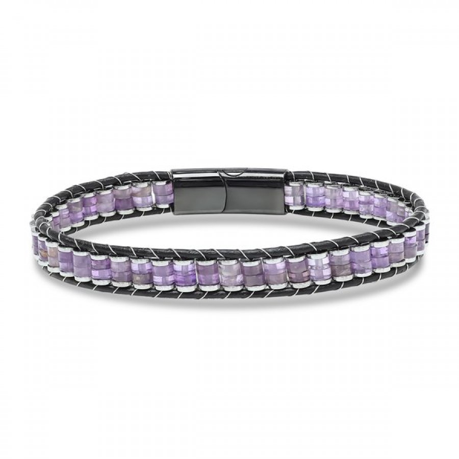 Ametist & Hematit Çelik Örgülü Deri Bileklik