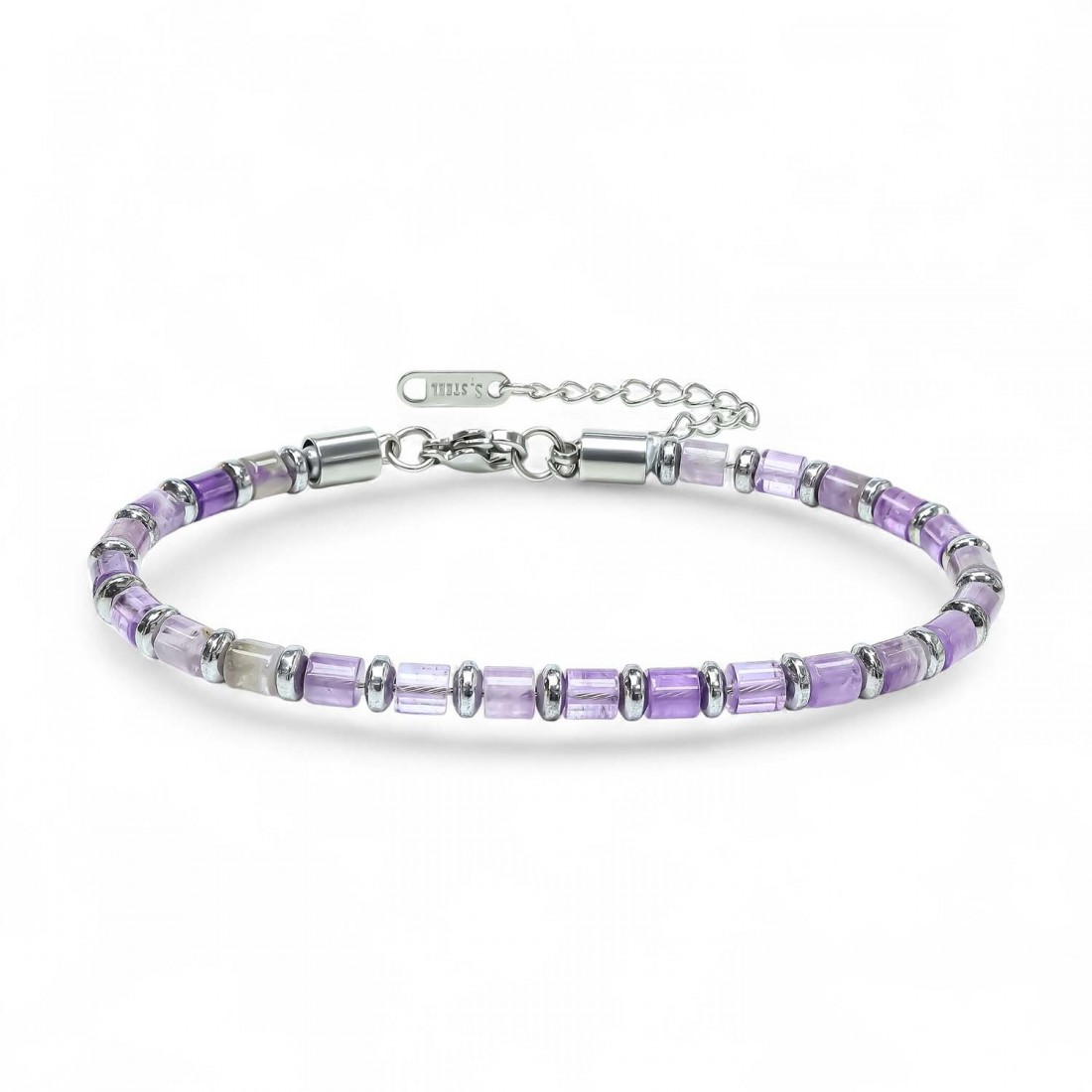 Ametist Taşı & Silver Hematit Taşlı Ayarlanabilir Çelik Zincir Erkek Bileklik