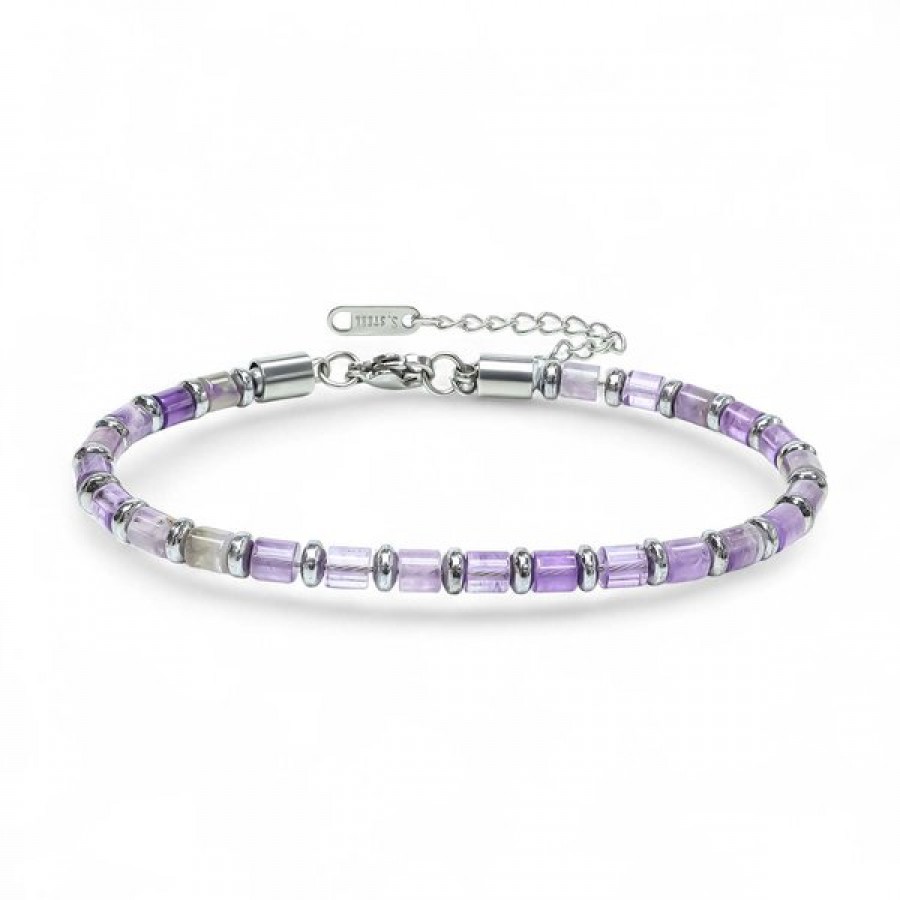 Ametist Taşı & Silver Hematit Taşlı Ayarlanabilir Çelik Zincir Erkek Bileklik