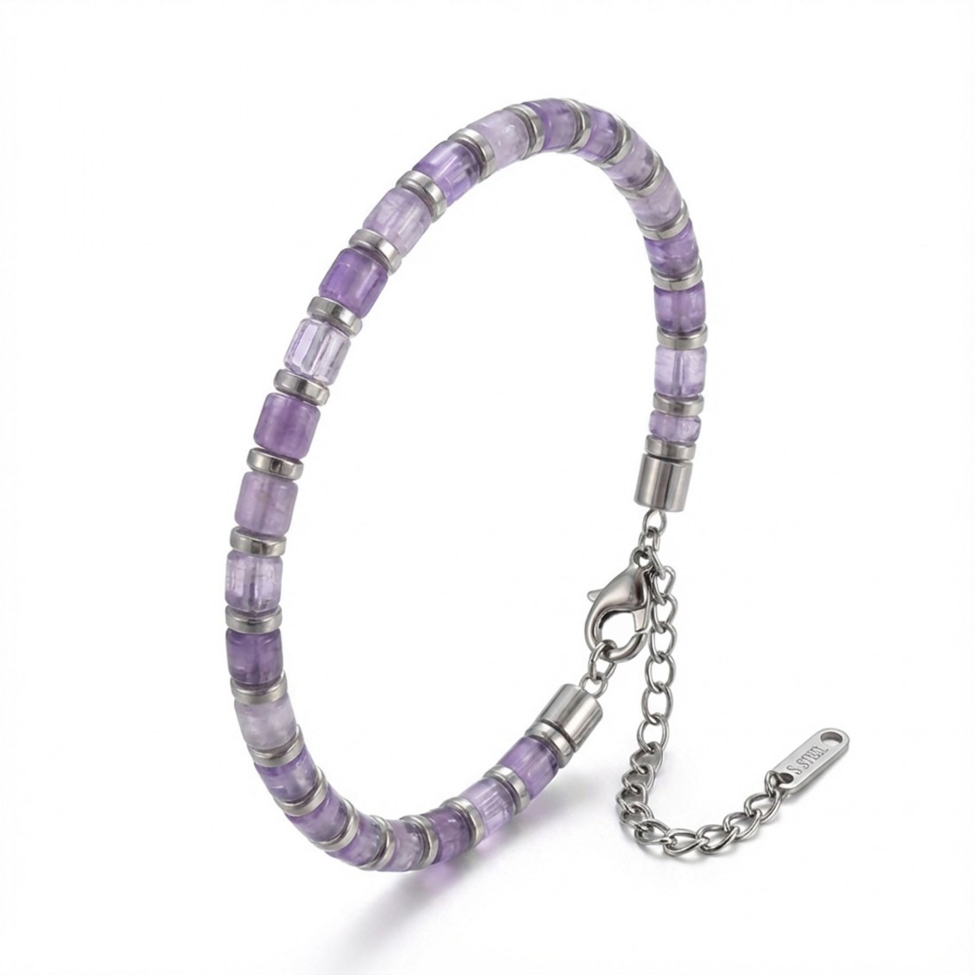 Ametist Taşı & Silver Hematit Taşlı Ayarlanabilir Çelik Zincir Erkek Bileklik