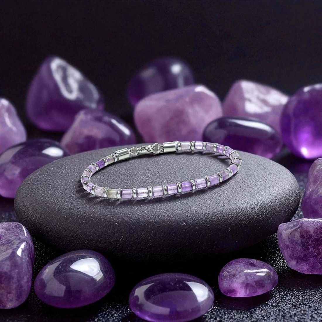 Ametist Taşı & Silver Hematit Taşlı Ayarlanabilir Çelik Zincir Erkek Bileklik