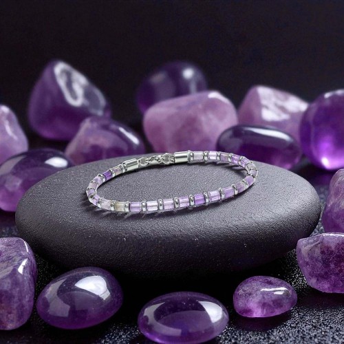 Ametist Taşı & Silver Hematit Taşlı Ayarlanabilir Çelik Zincir Erkek Bileklik