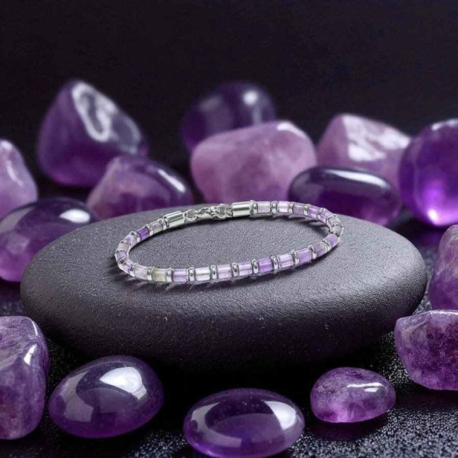 Ametist Taşı & Silver Hematit Taşlı Ayarlanabilir Çelik Zincir Erkek Bileklik