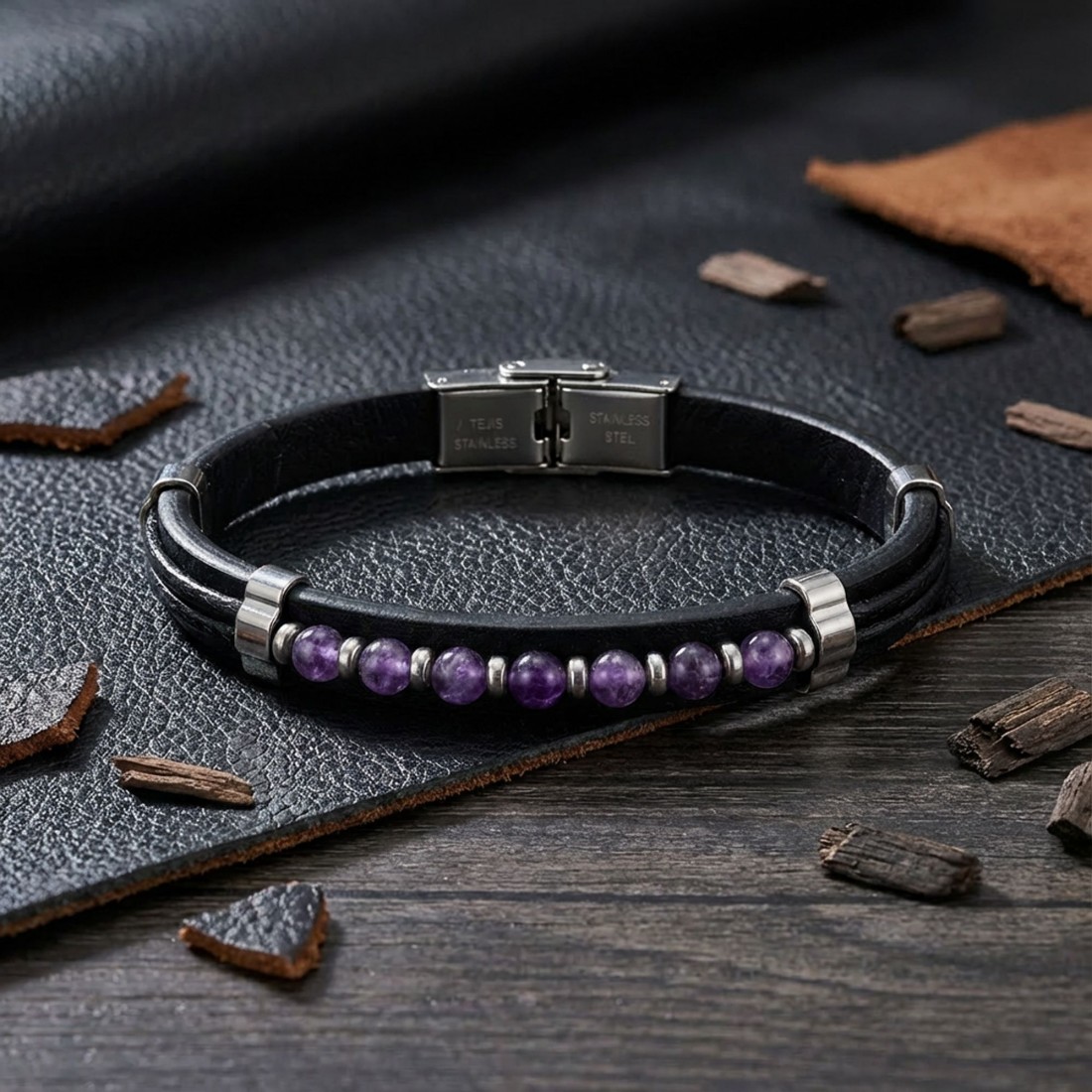 Ametist Taşlı Deri Bileklik