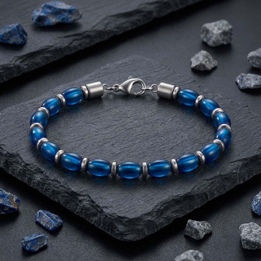 Arpa Kesim Mavi Ve Gümüş Hematit Doğal Taşlı Ayarlanabilir Çelik Zincir Bileklik