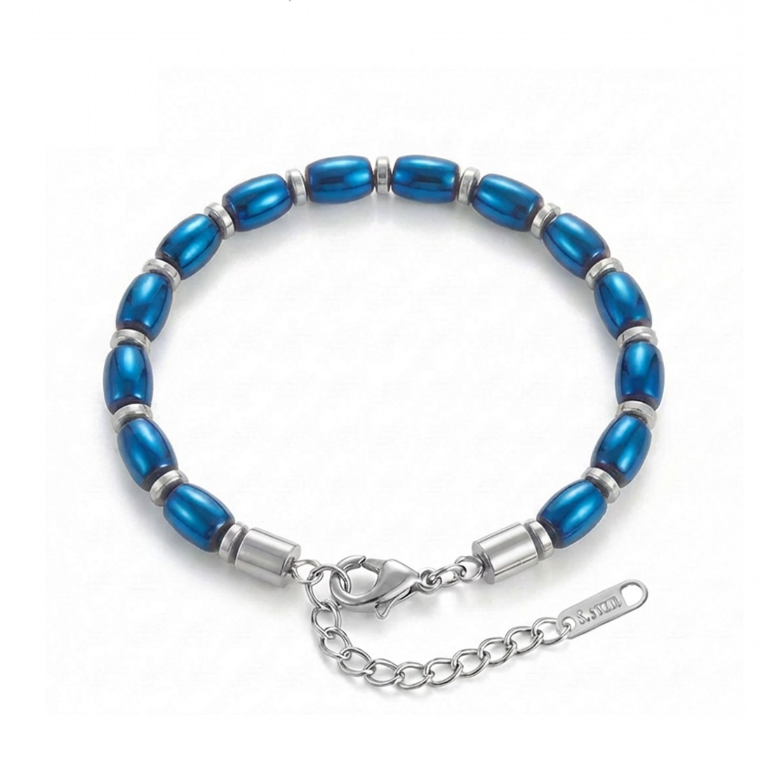 Arpa Kesim Mavi Ve Gümüş Hematit Doğal Taşlı Ayarlanabilir Çelik Zincir Bileklik